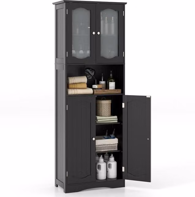 Gymax Tall Black Matt Bathroom and Kitchen Storage Cabinet with Tempered Glass Doors – 1
