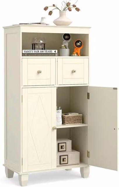 FORGEVIO Freestanding Pine Wood Bathroom Floor Storage Cabinet with Shelves and Drawers in Beige