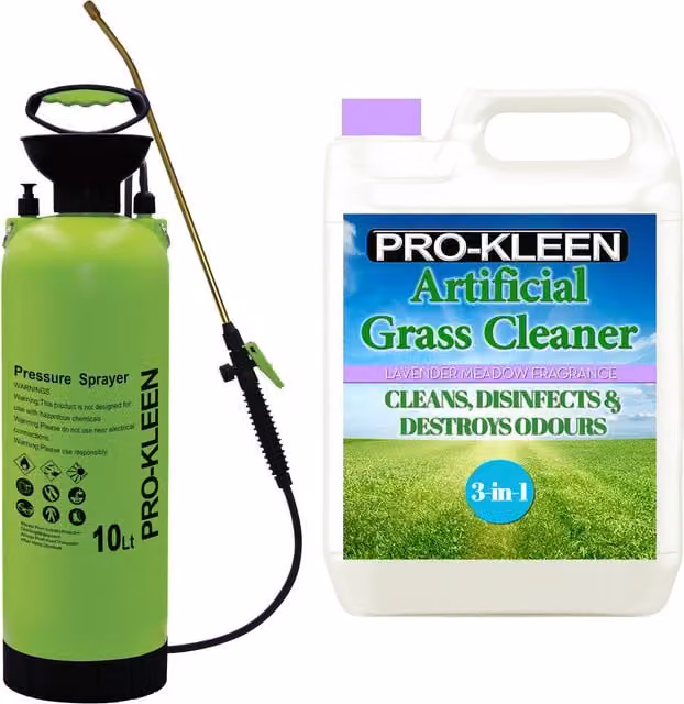 Pro-Kleen 10L Manual Pressure Sprayer with 5L Lavender Artificial Grass Cleaner in Pink and Green