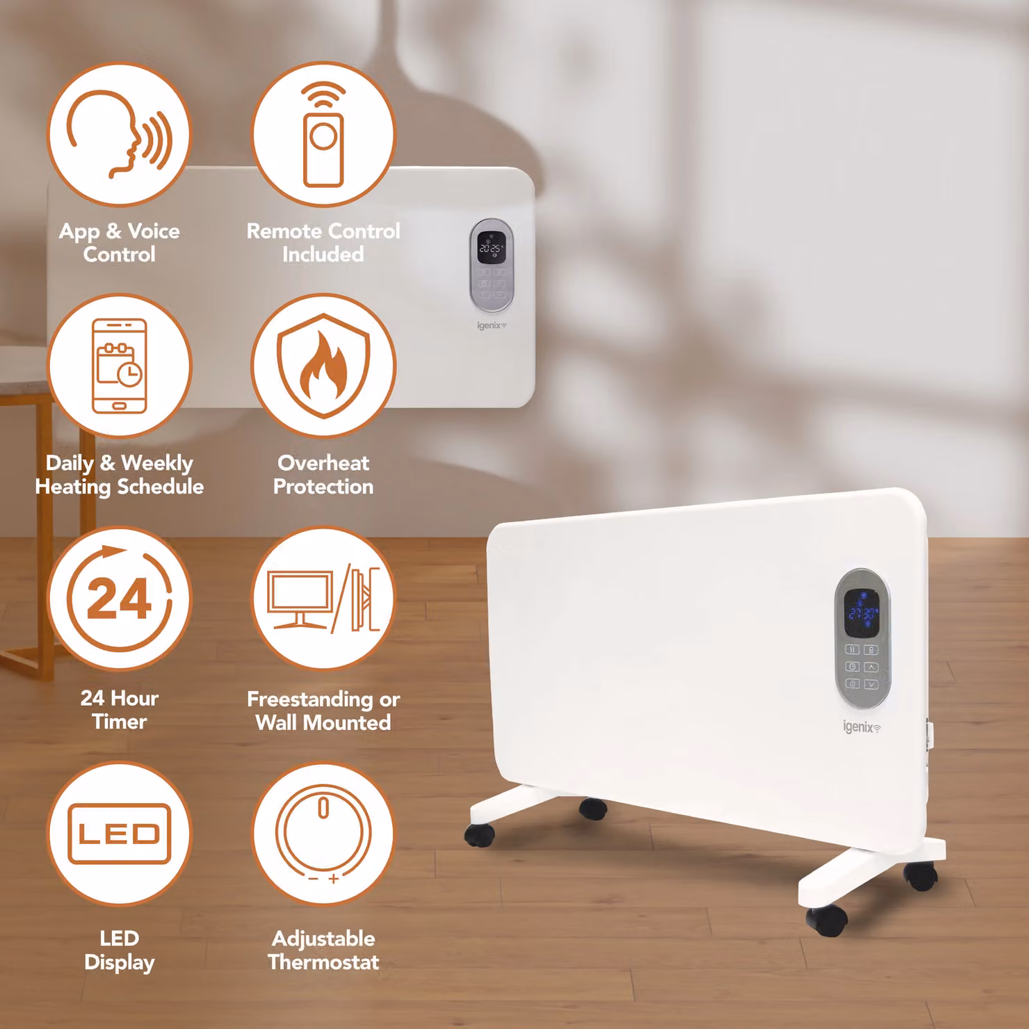 Igenix Smart Electric Convector Panel Heater, 1500W, White with App and Timer Control – 2