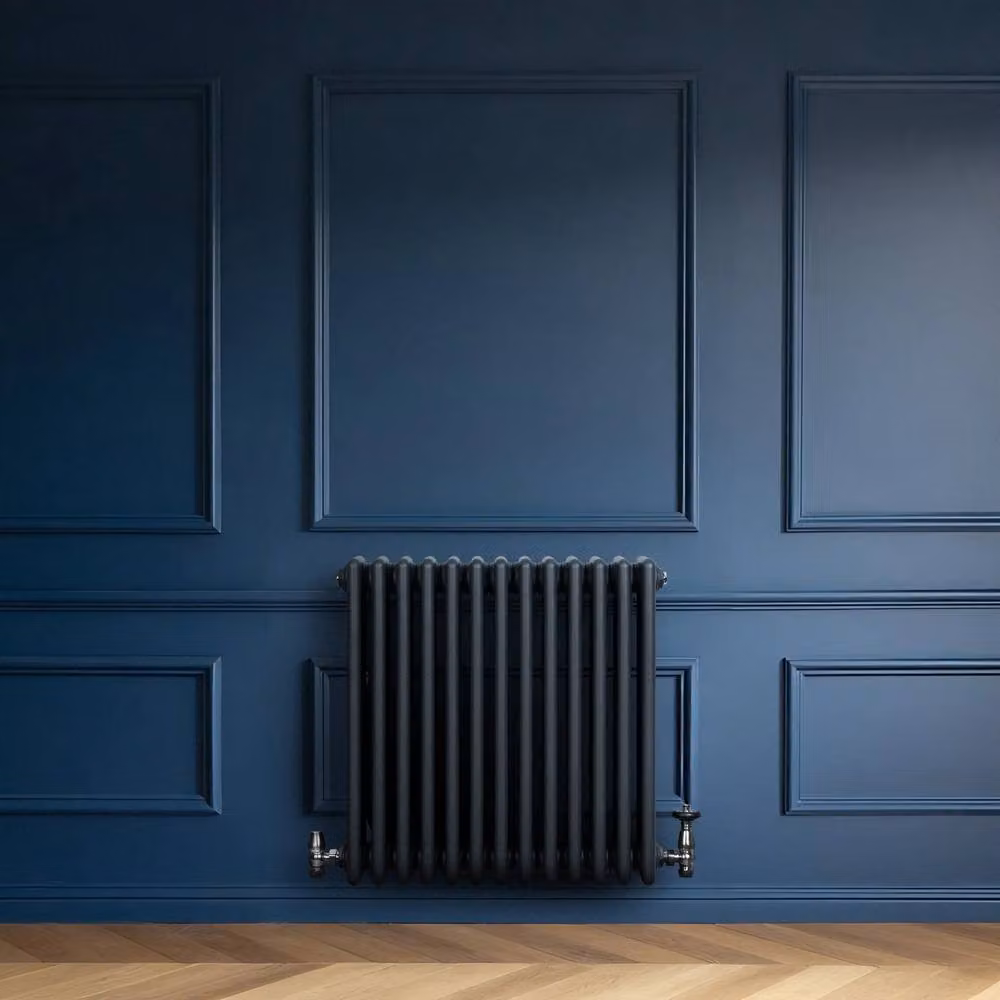 Monstershop Traditional 4 Column Steel Radiator and Valves in Anthracite Grey, H: 60.0 cm x W: 60.5 cm x D: 6.0 cm – 4