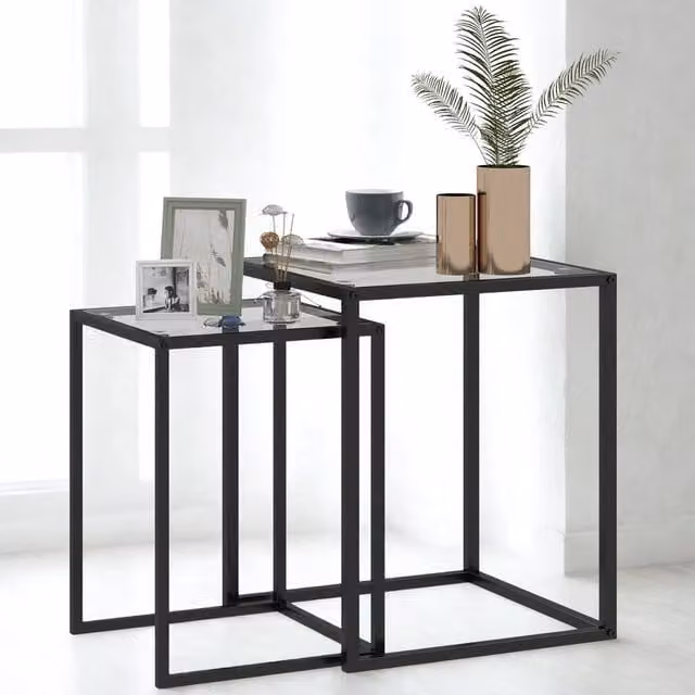 FURNOS Set of 2 Modern Nesting Side Tables with Black Tempered Glass Tops