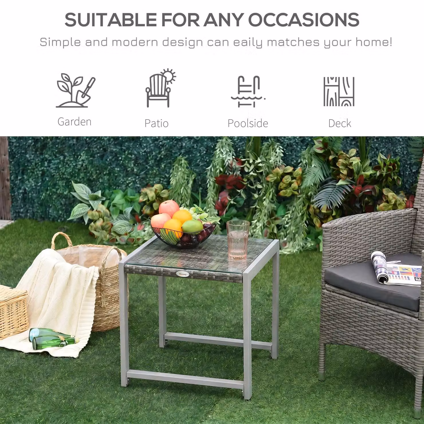 Outsunny Modern Rattan Side Table with Glass Top and Metal Frame in Grey – 4