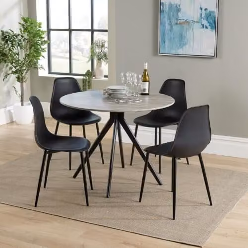 Core Products Aspen 5-Piece Dining Set with Round Grey-Oak Effect Table and 4 Black Ergonomic Curve Plastic Chairs – 2