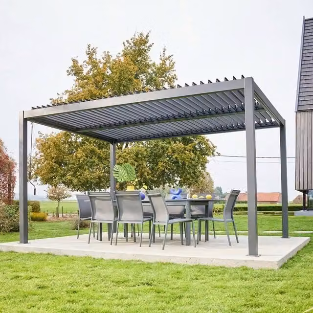 Sweekeek Dark Grey Louvered Pergola in Aluminium and Galvanised Steel, W: 403 cm, D: 300 cm, H: 231 cm