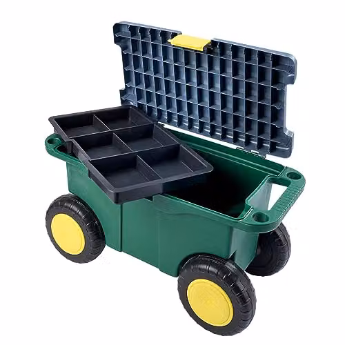 mysmartbuy Garden Tool Trolley and Seat in Green, Plastic Storage Cart with 4 Wheels, 2 Handles, Clasp Lid and Removable Tray, H: 30 cm, W: 55 cm, D: 27 cm – 6