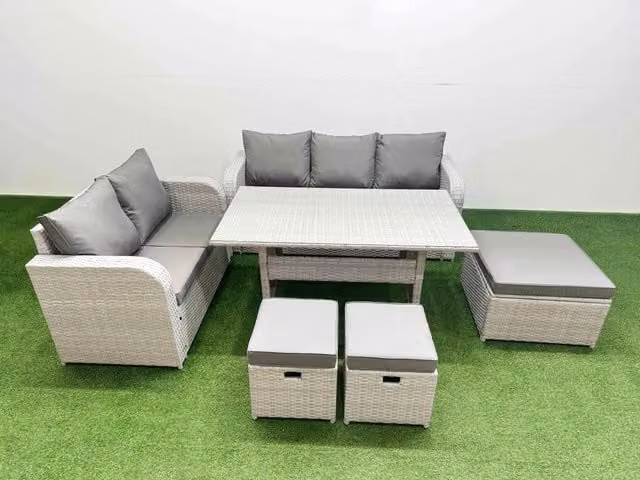 Fimous 8 Seater Grey PE Rattan Wicker Garden Furniture Set with Rectangular Dining Table, 3 Seater Sofa, Love Seat and 3 Stools
