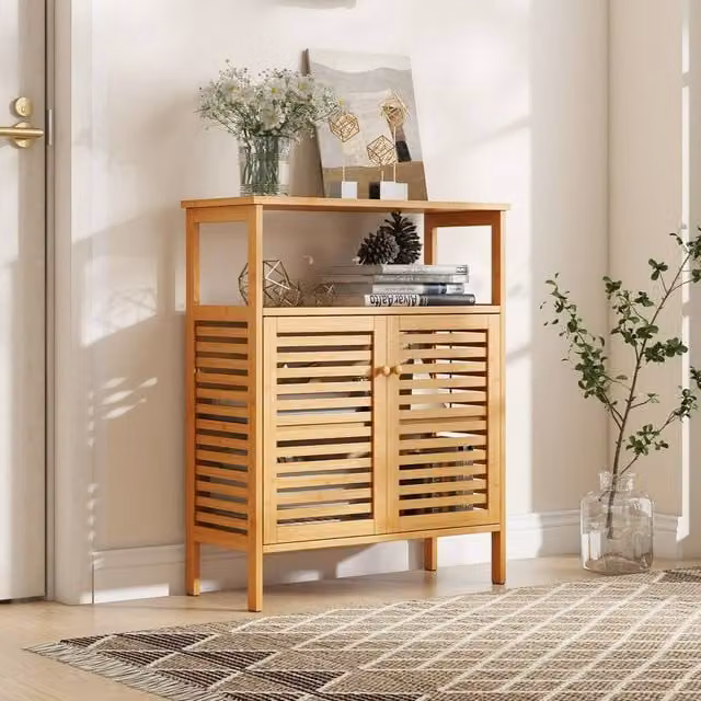 CASART Freestanding Bamboo Bathroom Storage Cabinet with Hinged Doors and Internal Shelves in Brown – 1