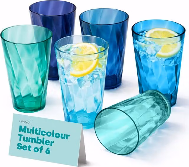 LIVIVO Set of 6 Geometric Plastic Tumblers in Petrol Blue and Teal