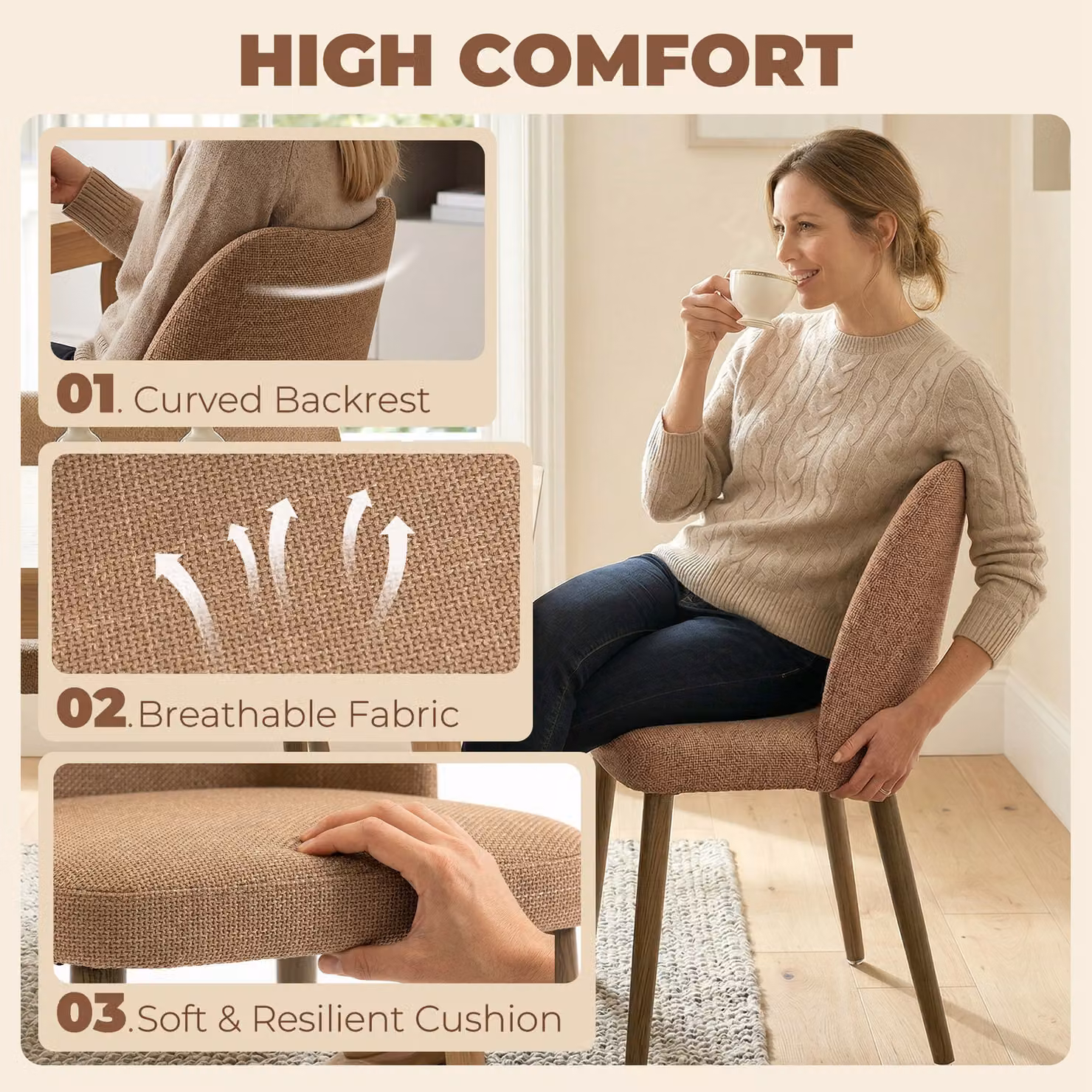 HOMCOM Set of 2 Brown Linen Upholstered Dining Chairs with Rubberwood Legs – 5
