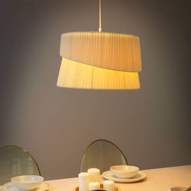 Wyld and Coco Beige Fabric and Metal Boho Cylinder Pendant Lamp, H 178 x W 45 x D 45 cm