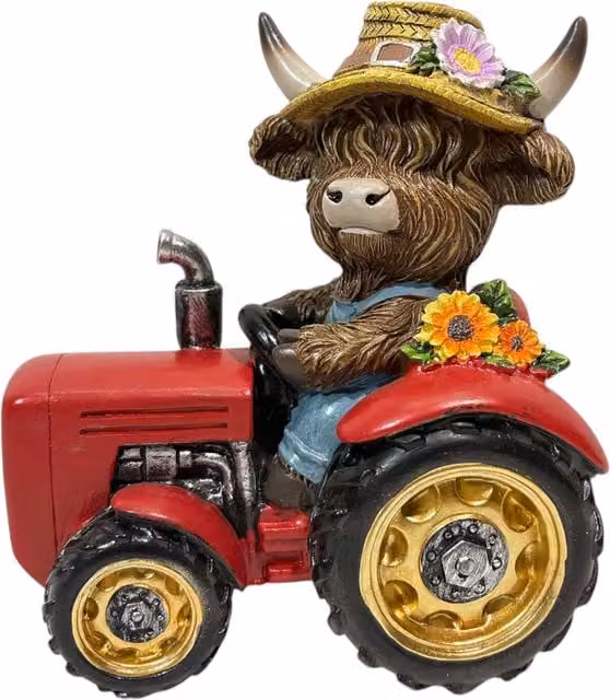 Ornate Collection Highland Cow Tractor Tabletop Ornament in Blue and Red
