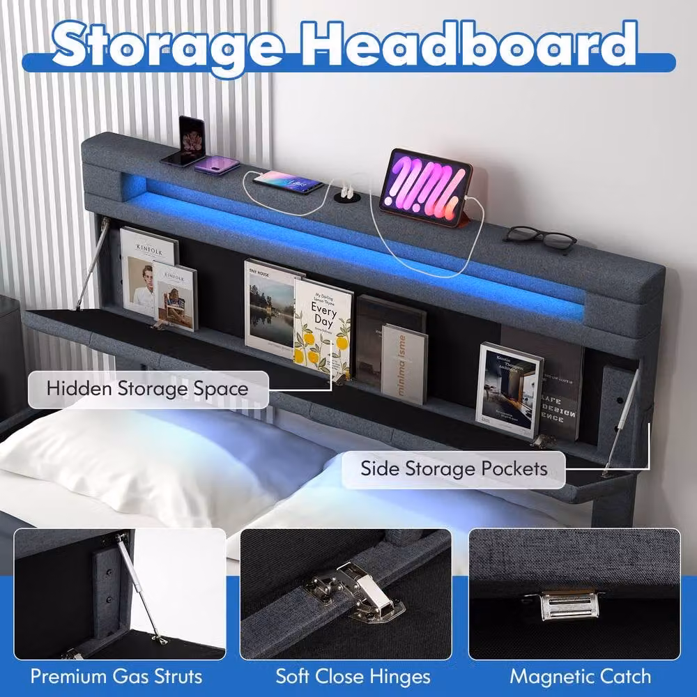 Costway Double Size Upholstered Bed Frame in Grey with LED Lights, USB Charging Port and Drawers, W/D/H: 140 x 200 cm – 3