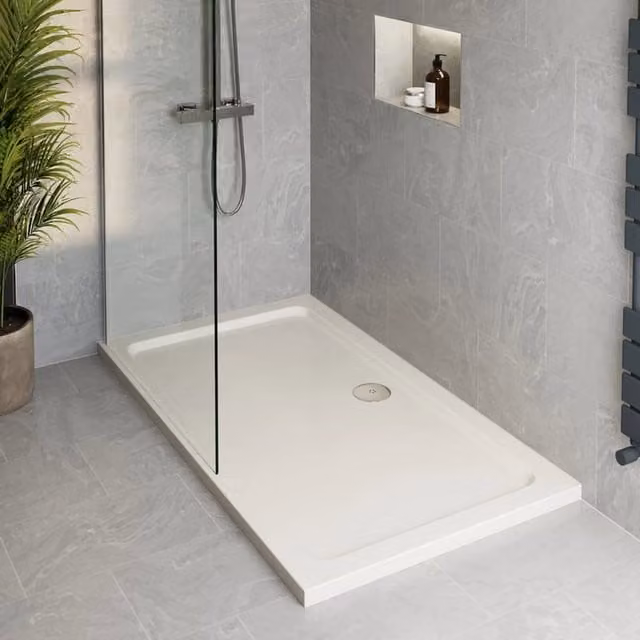 Bathwell White Rectangular Low Profile Non Slip Acrylic Shower Tray with Chrome Waste W/D/H: 1400 x 700 x 700 mm