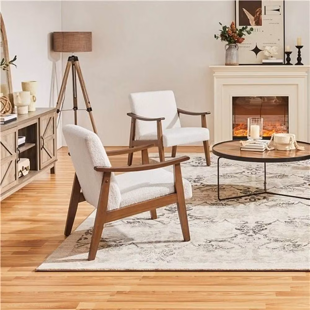 Kelvenix Mid-Century Modern Boucle Fabric Armchair in White and Beige – 2