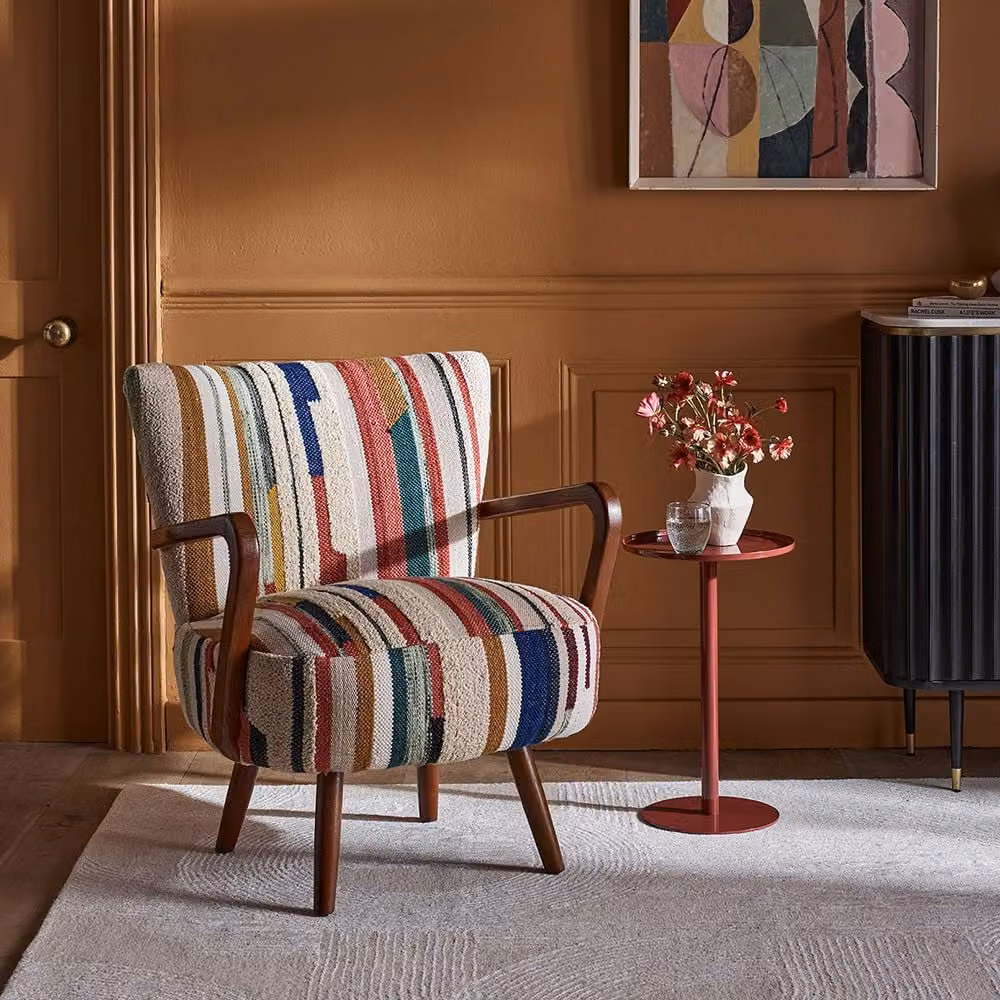 Atkin & Thyme Mid-Century Calvin Armchair in Multicolour Striped Woven Fabric with Wood Details