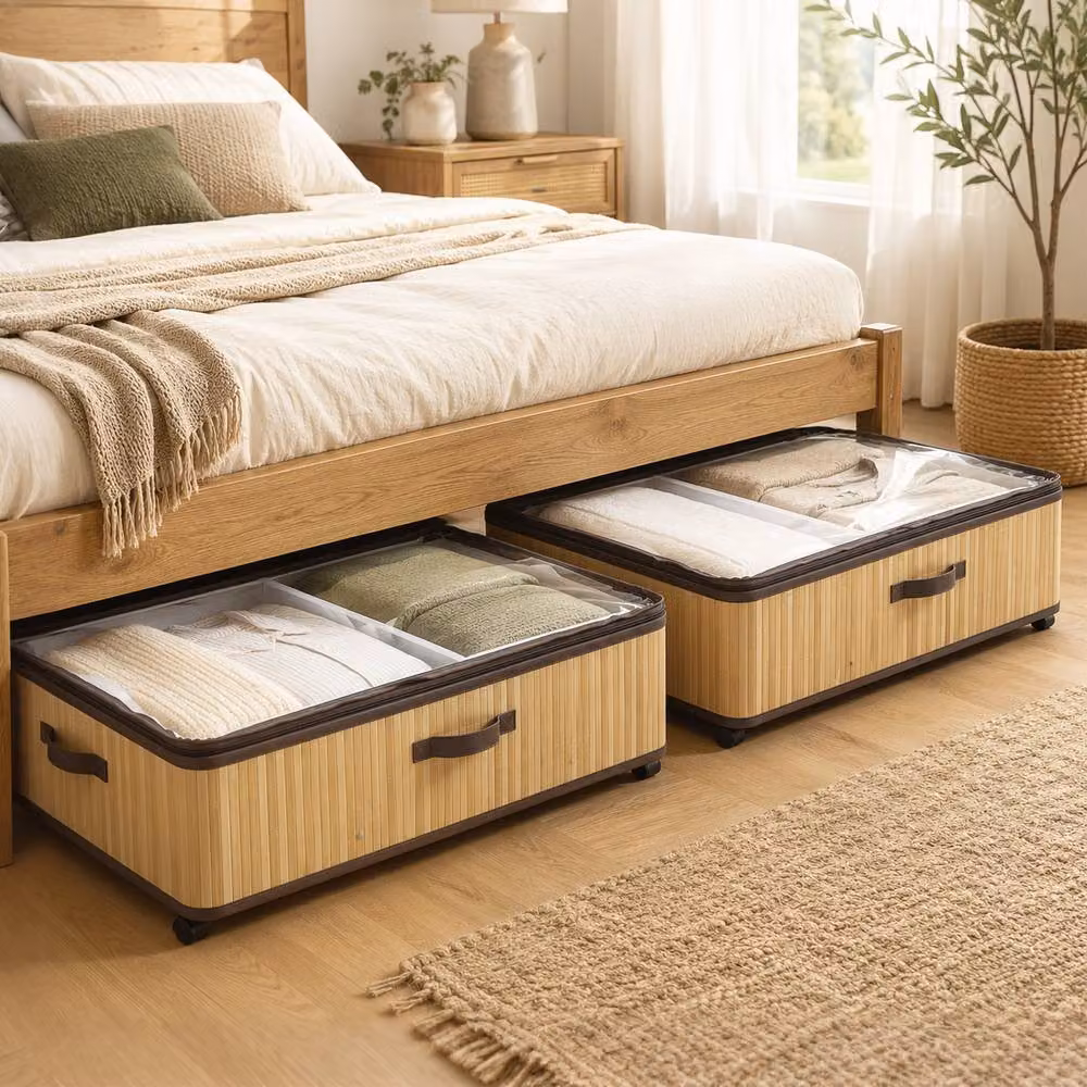 HOMCOM 2 Pack 60L Underbed Storage Boxes with Lids and Wheels, Beige – 2