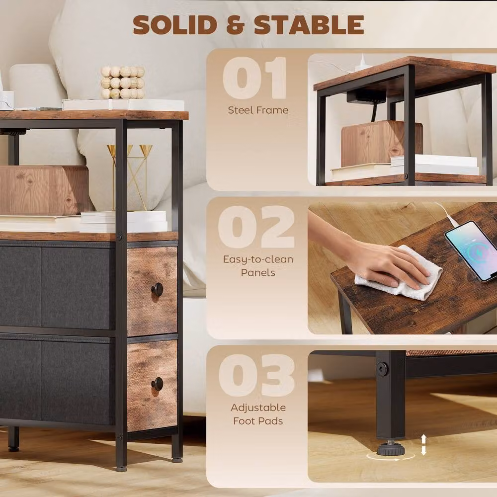 STILVORA Industrial Bedside Table with Charging Station and 2 Drawers in Dark Brown and Black – 7