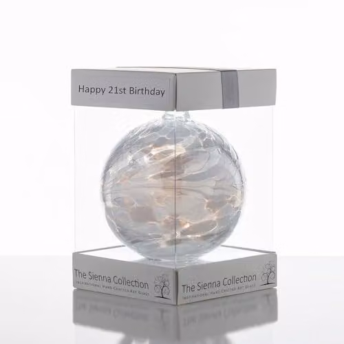 Sienna Glass White Happy 21st Birthday Handcrafted Mouth-Blown Glass Friendship Ball Bauble, Diameter: 10 cm – 3