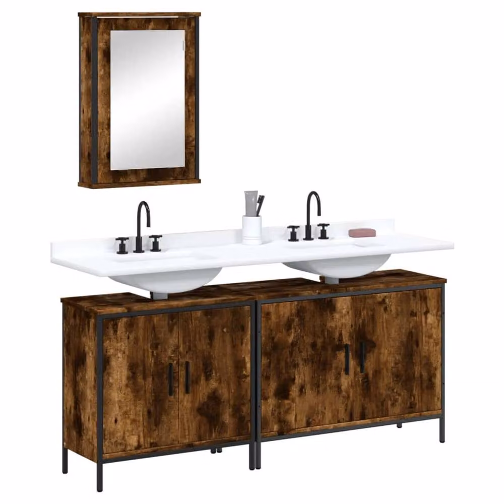 Berkfield Home 3 Piece Industrial Bathroom Furniture Set in Smoked Oak Brown – 1