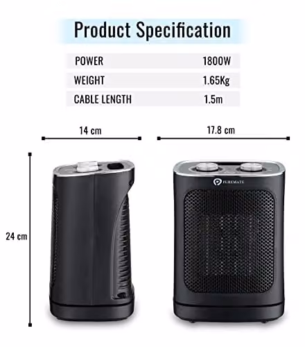 PureMate 1800W Ceramic Fan Heater in Black with Adjustable Thermostat, Tilt Protection and Overheat Protection – 3