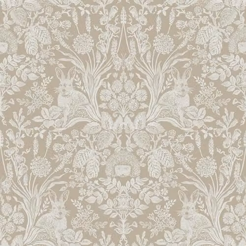 Holden Decor Harlen Beige Botanical Wallpaper with Hedgehogs, Rabbits and Flowers