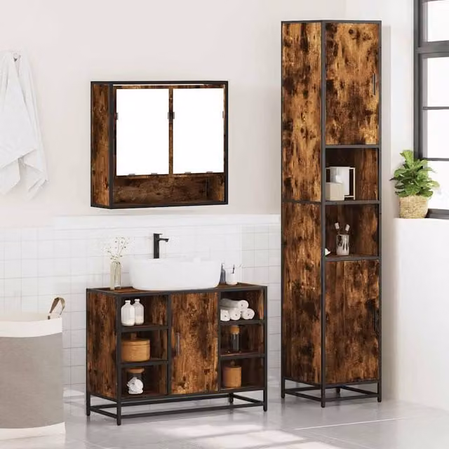 Berkfield Home 3 Piece Industrial Bathroom Furniture Set in Smoked Oak Brown, including Mirror Cabinet, Vanity Unit and Tall Cabinet – 1