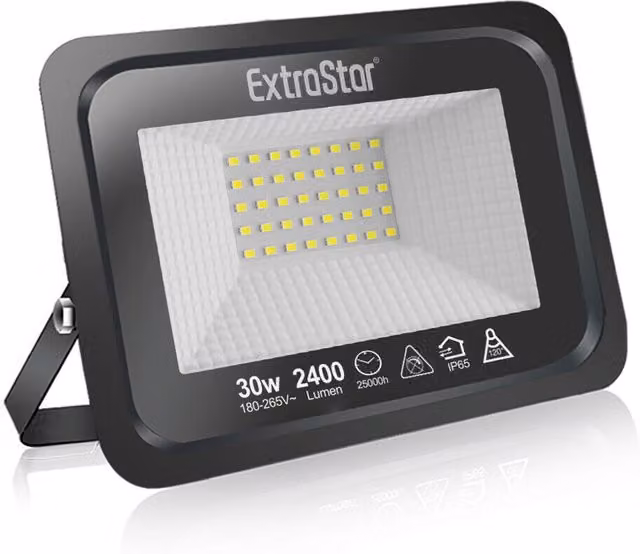 ExtraStar 30 W LED Floodlight, 6500K Cool White, IP65 Waterproof, Black Aluminium Construction