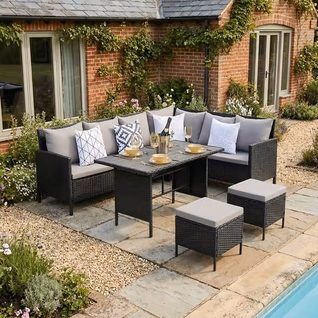 Home Garden Direct Bideford 8 Seat Rattan Corner Dining Sofa Set with Black Rattan, Polywood Top and Grey Cushions
