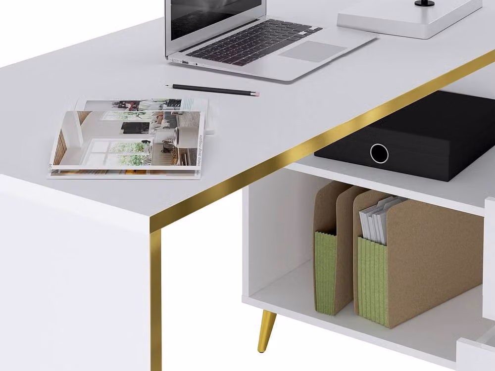 Vente-unique Modern Corner Desk with Drawers and Recesses in Gloss White and Gold – 3