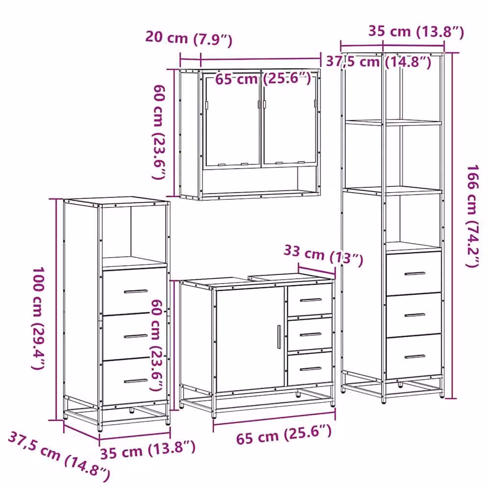 Berkfield Home 4-Piece Industrial Bathroom Furniture Set in Sonoma Oak and Beige – 4