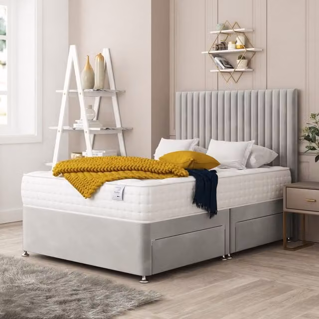 Bed Choices Manhattan Silver Upholstered Velvet Divan Bed with 2 Drawers, Mattress and Headboard, W/D/H: 120 x 200 cm