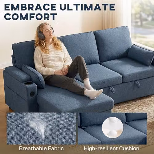 HOMCOM L-Shaped 3 Seater Corner Sofa Bed in Blue with Reversible Storage Chaise and USB Charging, W/D/H: 205.0 x 136.5 x 85.0 cm – 4