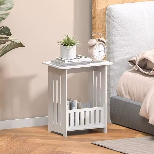 KORVIXA Slim Coffee Side Table and Newspaper Magazine Shelf in White, Height: 90 cm