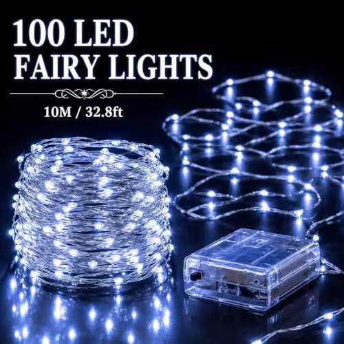 SHATCHI 2 Pack of 200 Cool White LED Fairy String Lights, 2 x 10m, Silver Wire, Battery Operated, Waterproof – 2
