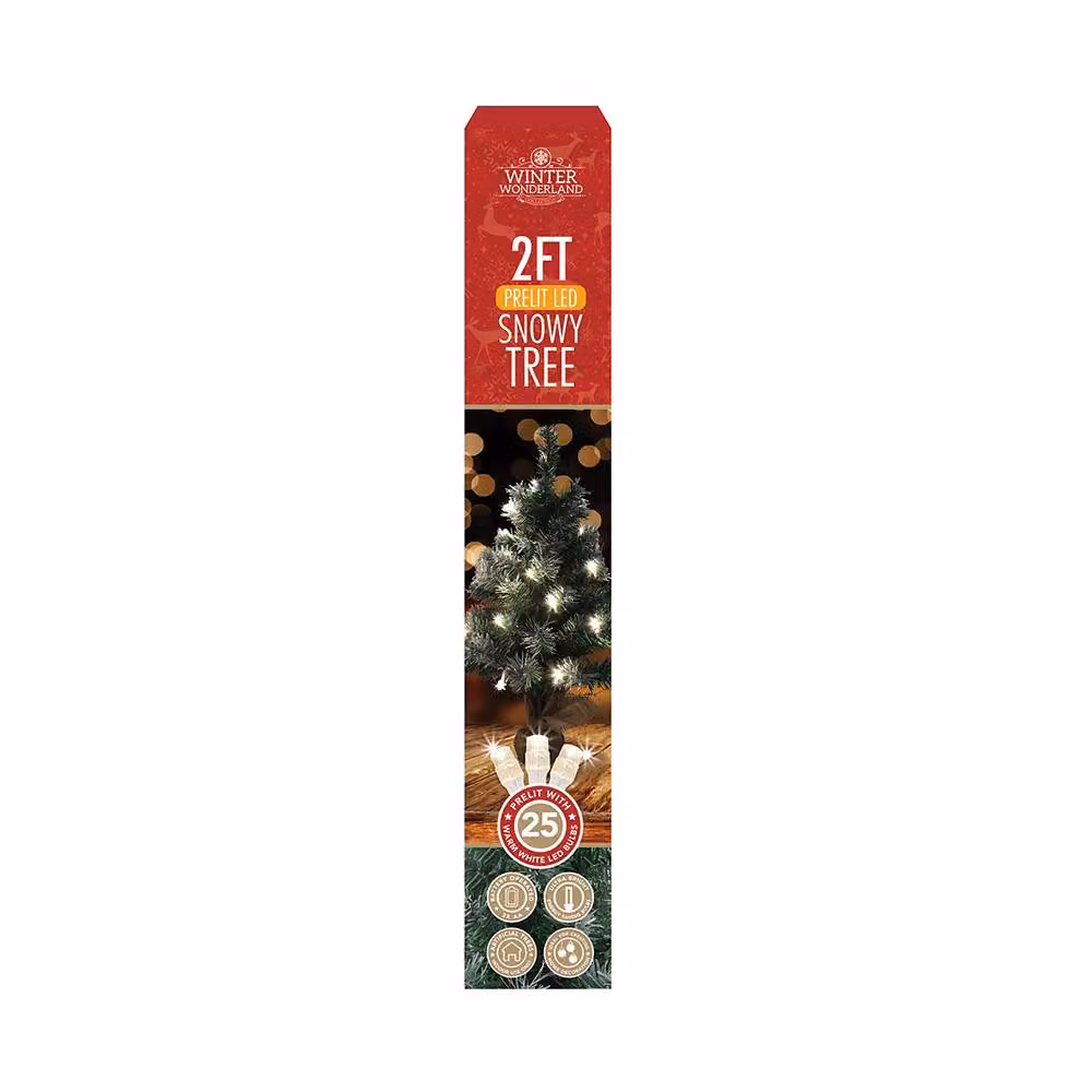 Voltico 2FT Pre-Lit Snowy Mini Christmas Tree with Warm White LEDs in Green, Height: 60.96 cm – 3