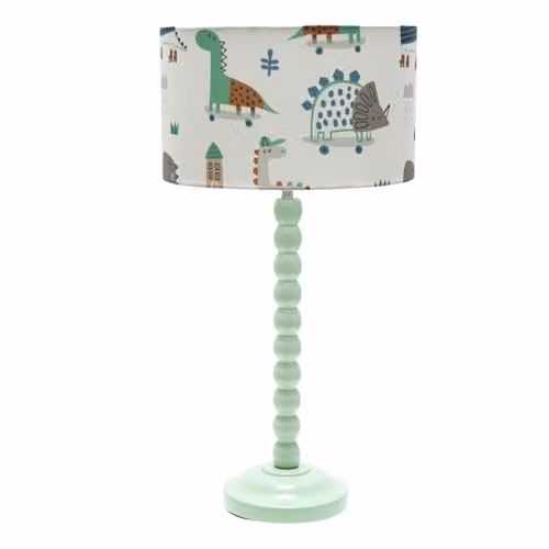 ValueLights Sage Green Bobbin Stem Table Lamp with Cartoon Dino Drum Shade and Bulb Included