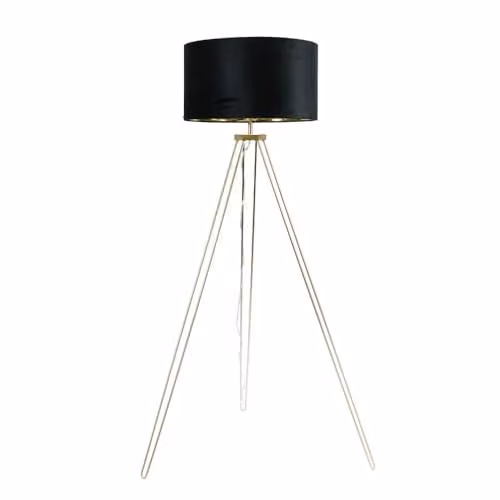 ValueLights Aero Gold Tripod Floor Lamp with Black Velvet and Gold Inner Cylinder Shade