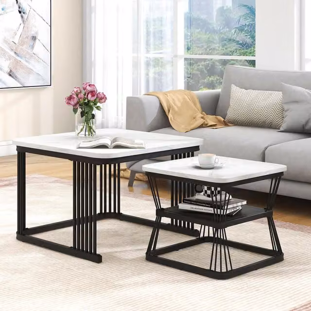 Aosom.UK 2 Piece Multi-functional Coffee Table Set with White Marble Pattern Top and Metal Frame, W/D/H: 65 x 65 x 45 cm