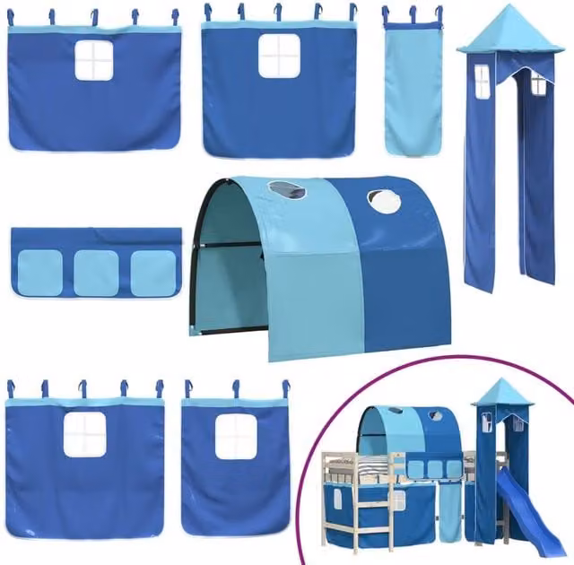 Berkfield Home Blue Opaque Polyester Fabric Panel Curtains for Childrens Loft Beds with Tunnel and Tower – 1