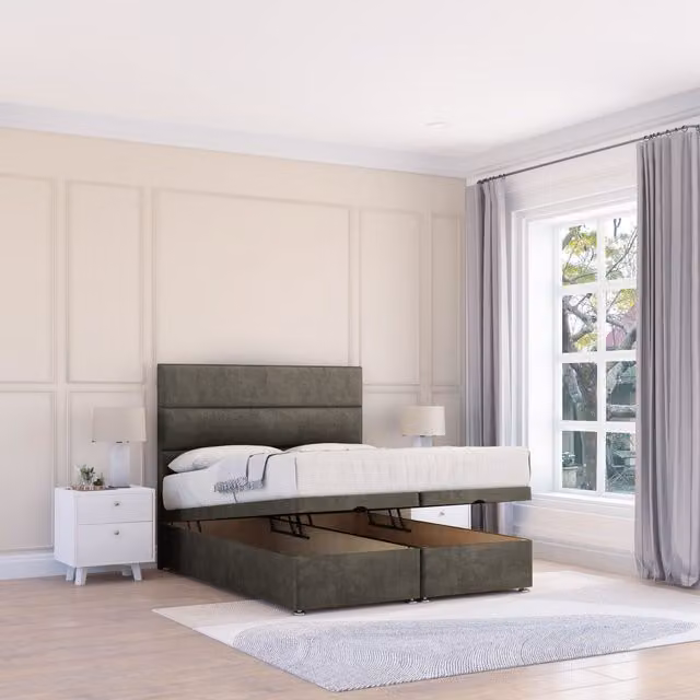 Sloomy Texas Dumfries Super King Fabric Ottoman Bed in Dark Grey with Sprung Memory Mattress and 26 Inch Strut Headboard