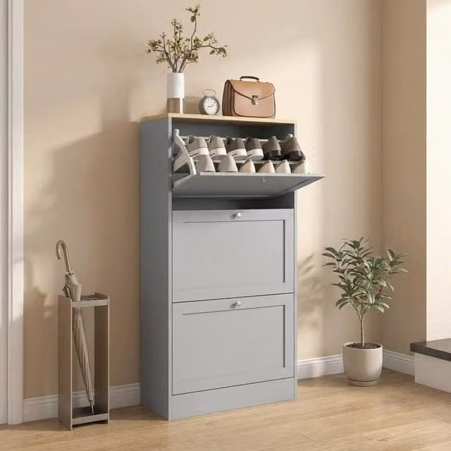 STILVORA Modern Grey Shoe Cabinet with 3 Tilting Compartments – 1