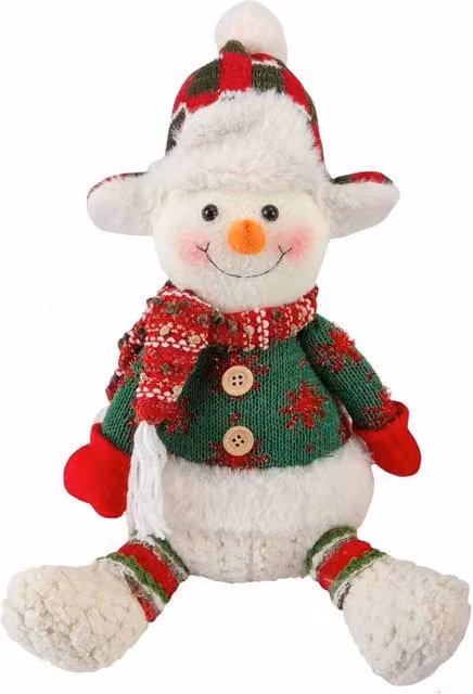 VFM e-Store Christmas Sitting Snowman Plush Decoration in White and Red, H 19 cm x W 22.5 cm