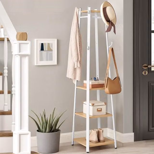 VASAGLE Industrial Ladder Coat Stand with 3 Shelves and Hooks in Natural/Beige/White – 1