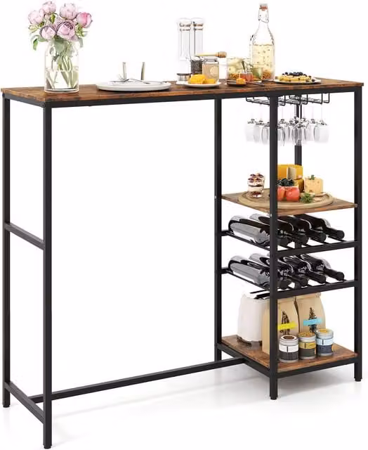 Gymax Rustic Brown Bar Table with Glass Top and Serving Shelves