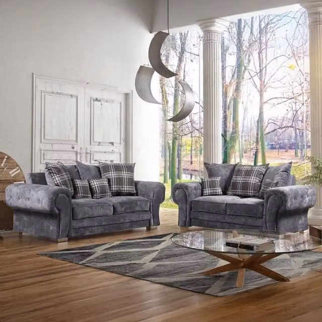 Furniture786ltd Hampton 3 and 2 Seater Sofa Set in Grey Fabric with Scatter Cushions and Solid Wood Frame