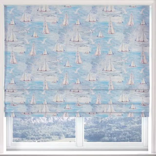 ANTE DECOR Sail Away Made to Measure Nautical Blackout Roman Blind in Blue Ocean