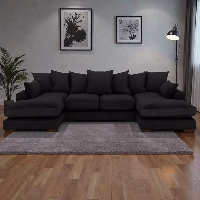 Snug Furniture Birmingham Ltd Linea U-Shape Double Ended Plush Velvet Sofa with Matching Ottoman and Scatter Cushions in Black – 1