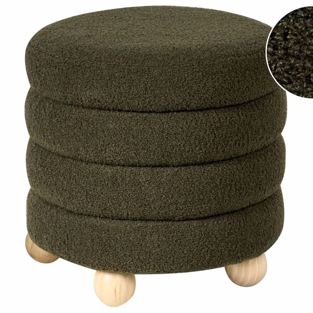 Wyld and Coco Green Boucle Pouffe with Pine Legs – 2