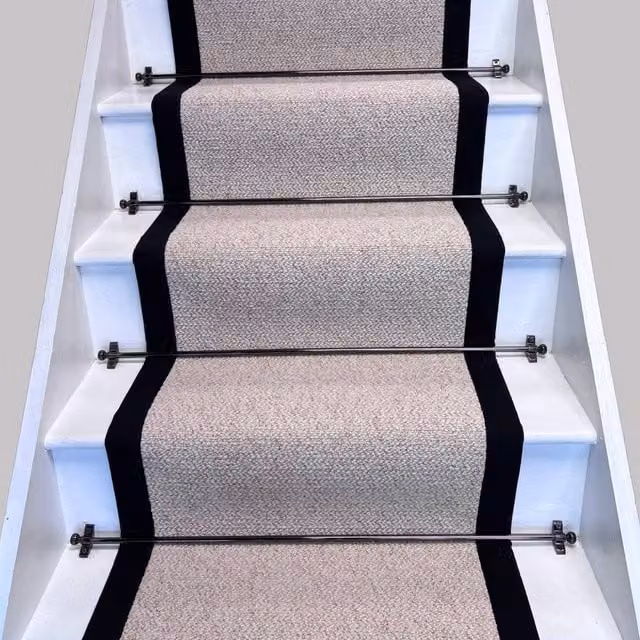 RainbowHome Keswick Cream Fleck Weave Stair Runner with 100% Cotton Black Border in Beige, W: 55 cm x L: 700 cm